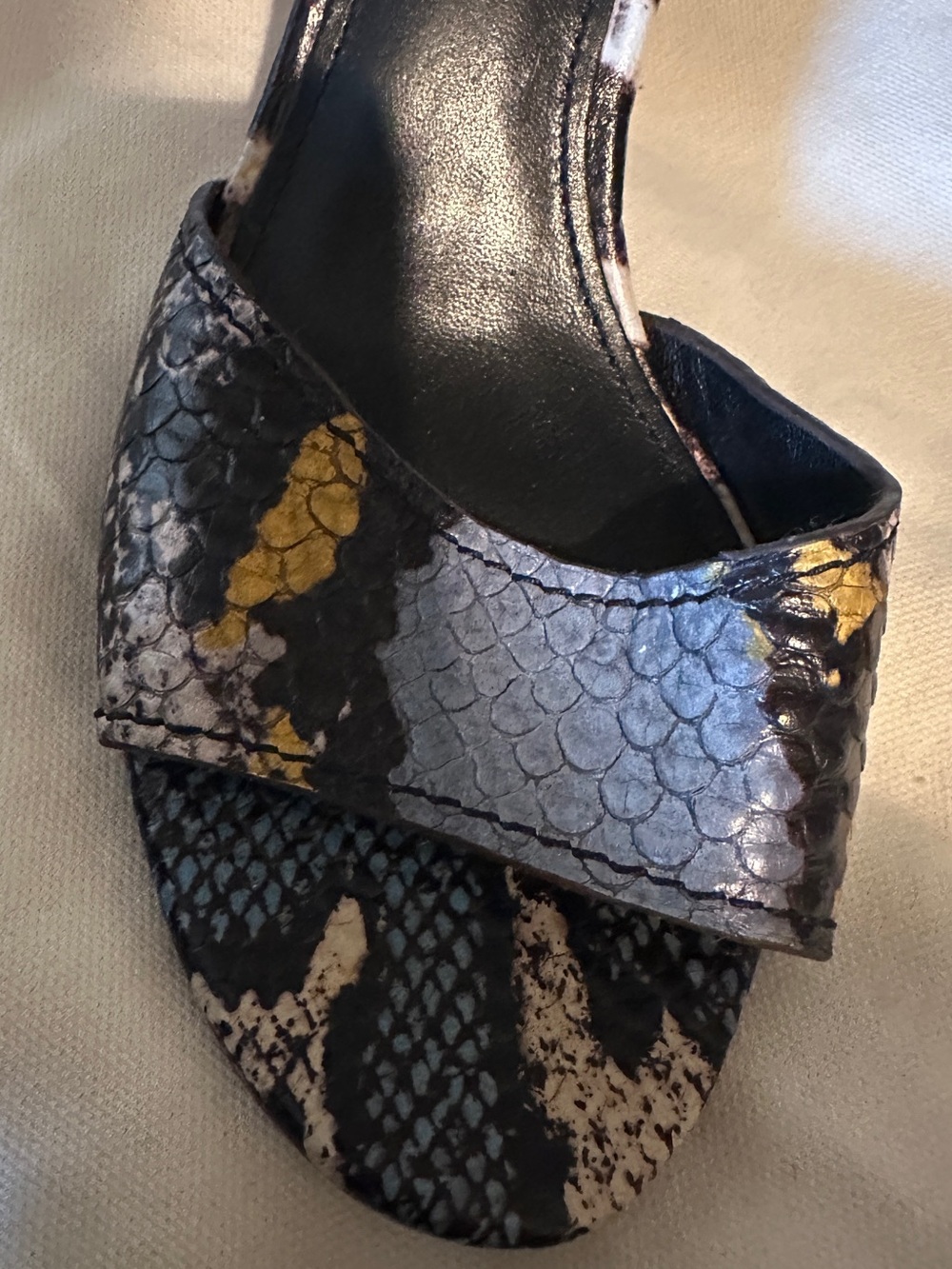 Coach Women's Black m, Blue & Yellow Snakeskin Strap Heels